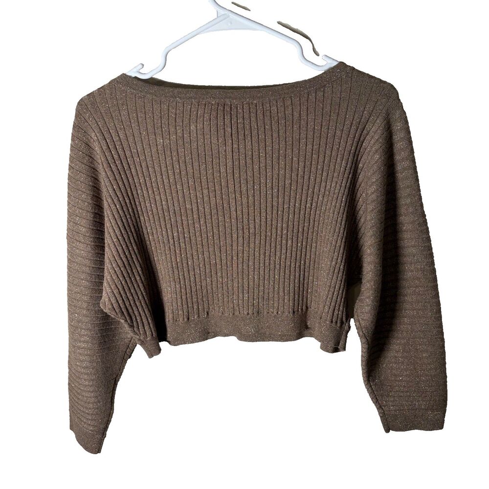 Bcbg Maxarzia Sweater Women's Small Brown Metallic Cropped Ribbed 3/4 Sleeve - Picture 2 of 7
